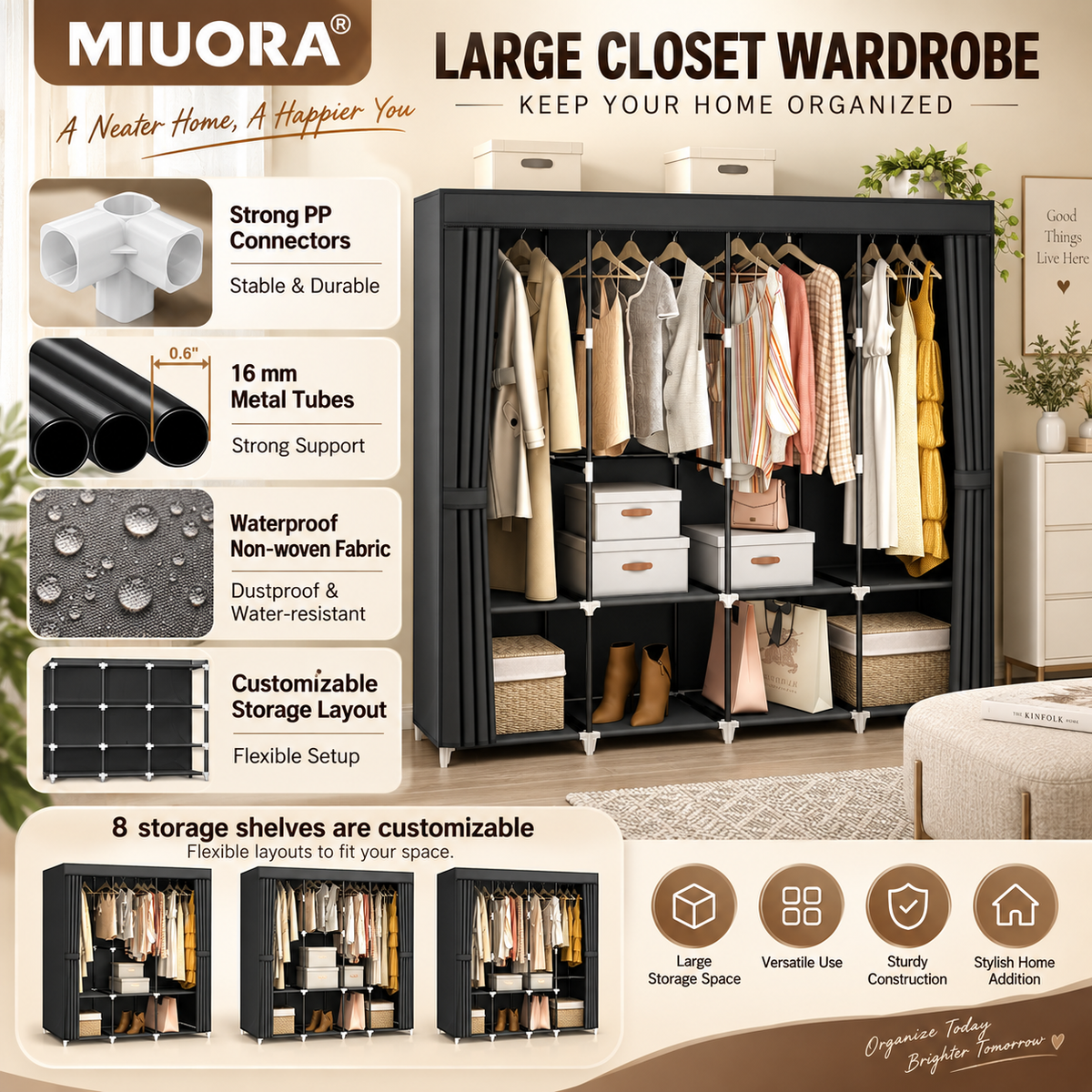 MIUORA® Large Closet Wardrobe | Modular Fabric Storage Cabinet With Customizable Shelves